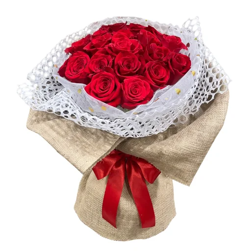 Ramo de 24 rosas rojas importadas con arpillera